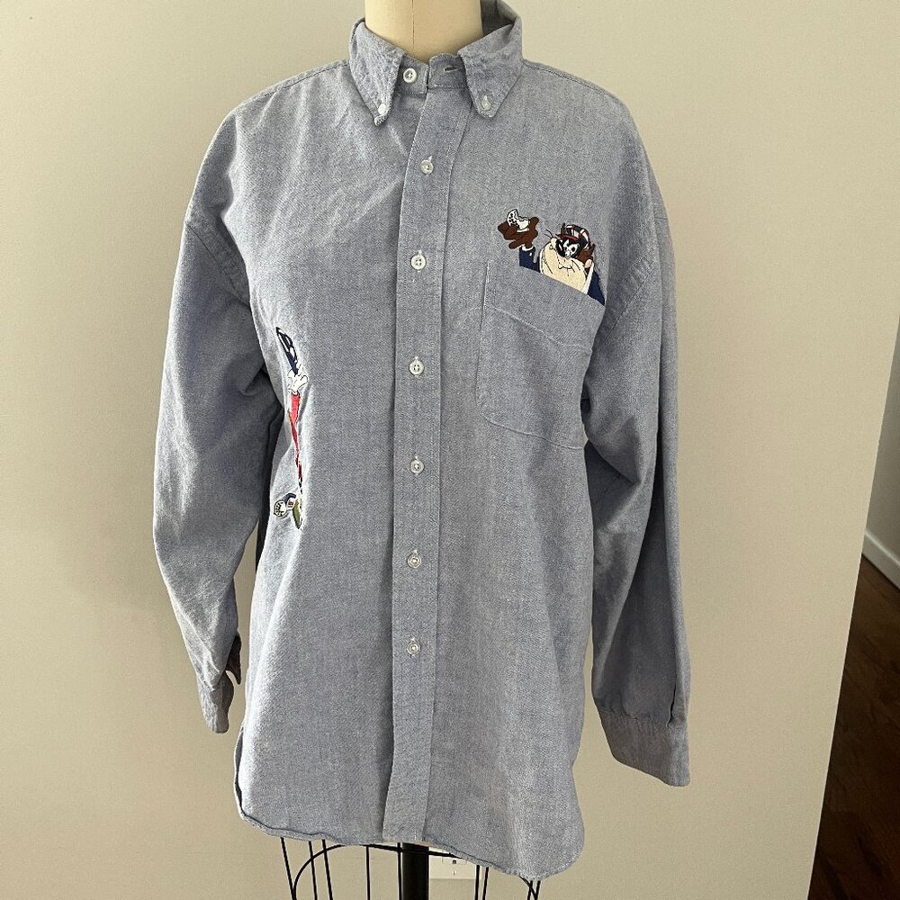 Looney Tunes Bugs Bunny Taz Golf Button Shirt Blue Acme Clothing Vintage M